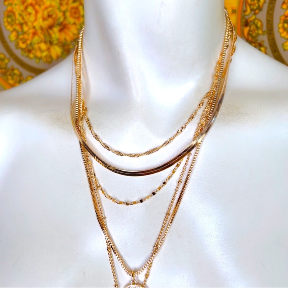 Gold plated layered royal coin chain pendants necklace 5 layer - Picture 3 of 3